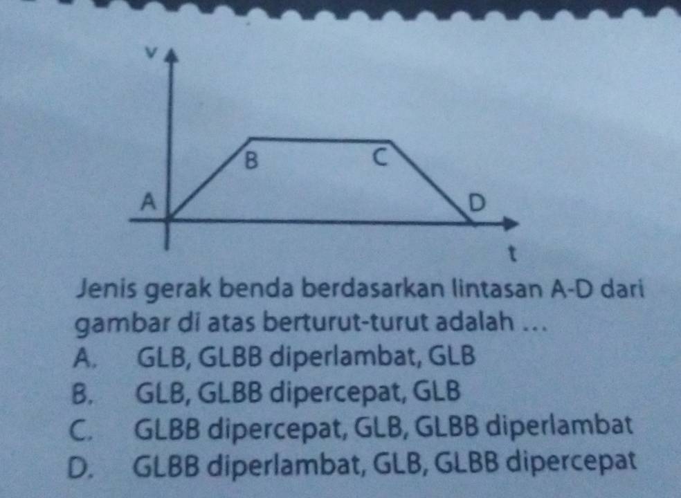 Jenis gerak benda berdasarkan lintasan A-D dari
gambar di atas berturut-turut adalah ...
A. GLB, GLBB diperlambat, GLB
B. GLB, GLBB dipercepat, GLB
C. GLBB dipercepat, GLB, GLBB diperlambat
D. GLBB diperlambat, GLB, GLBB dipercepat