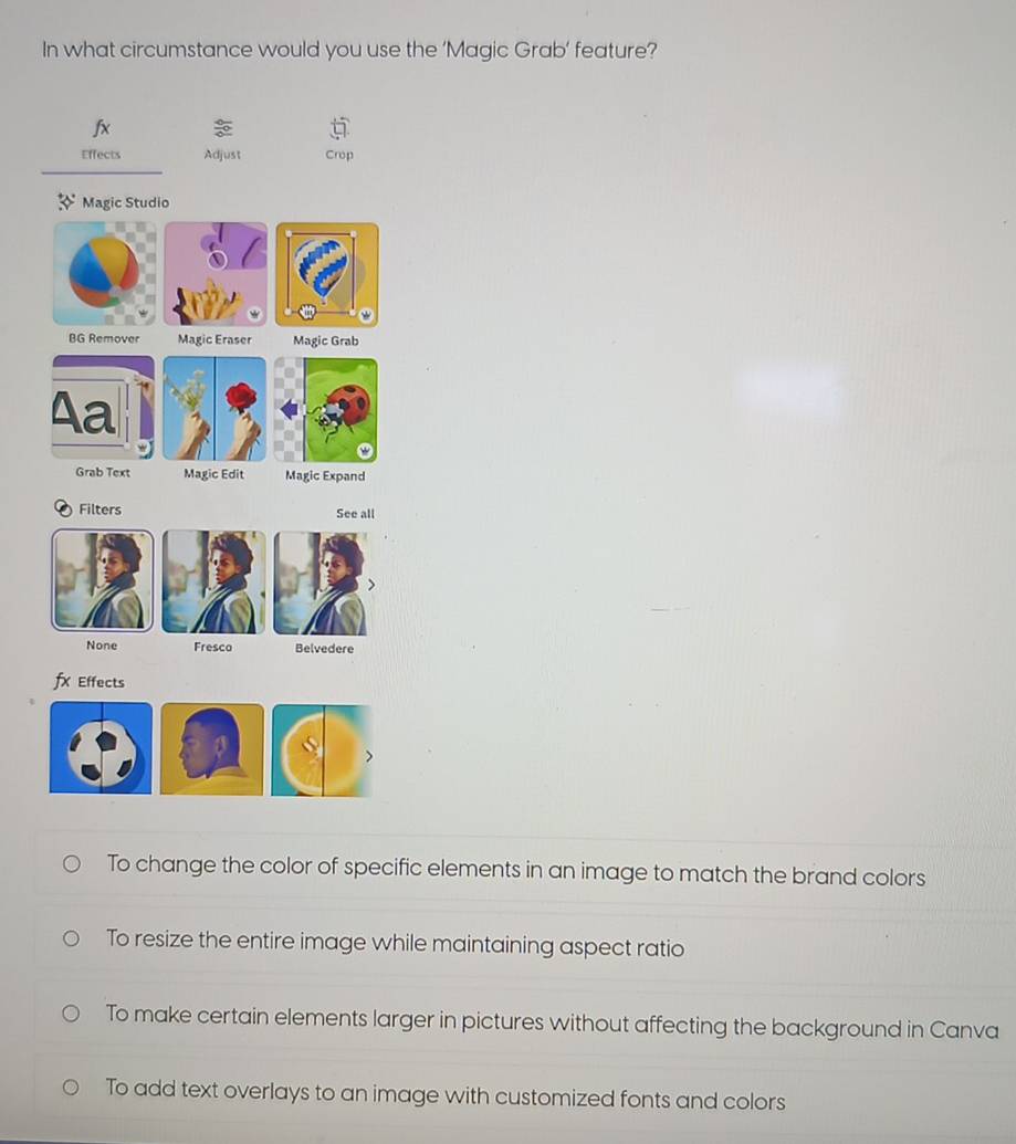 In what circumstance would you use the ‘Magic Grab’ feature?
fx 
Effects Adjust Crop
 Magic Studio
BG Remover Magic Eraser Magic Grab
Aa
Grab Text Magic Edit Magic Expand
Filters See all
None Fresco Belvedere
fx Effects
To change the color of specific elements in an image to match the brand colors
To resize the entire image while maintaining aspect ratio
To make certain elements larger in pictures without affecting the background in Canva
To add text overlays to an image with customized fonts and colors