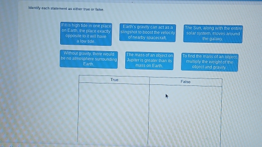 Identify each statement as either true or faise.
If it is high tide in one place Earth's gravity can act as a The Sun, along with the entire
on Earth, the place exactly slingshot to boost the velocity solar system, moves around the galaxy.
opposite to it will have of nearby spacecral.
a low tide.
Without gravity, there would The mass of an object on To find the mass of an object
be no atmosphere surrounding Jupiter is greater than its multiply the weight of the
Earth. mass on Earth. object and gravity.
True Faise