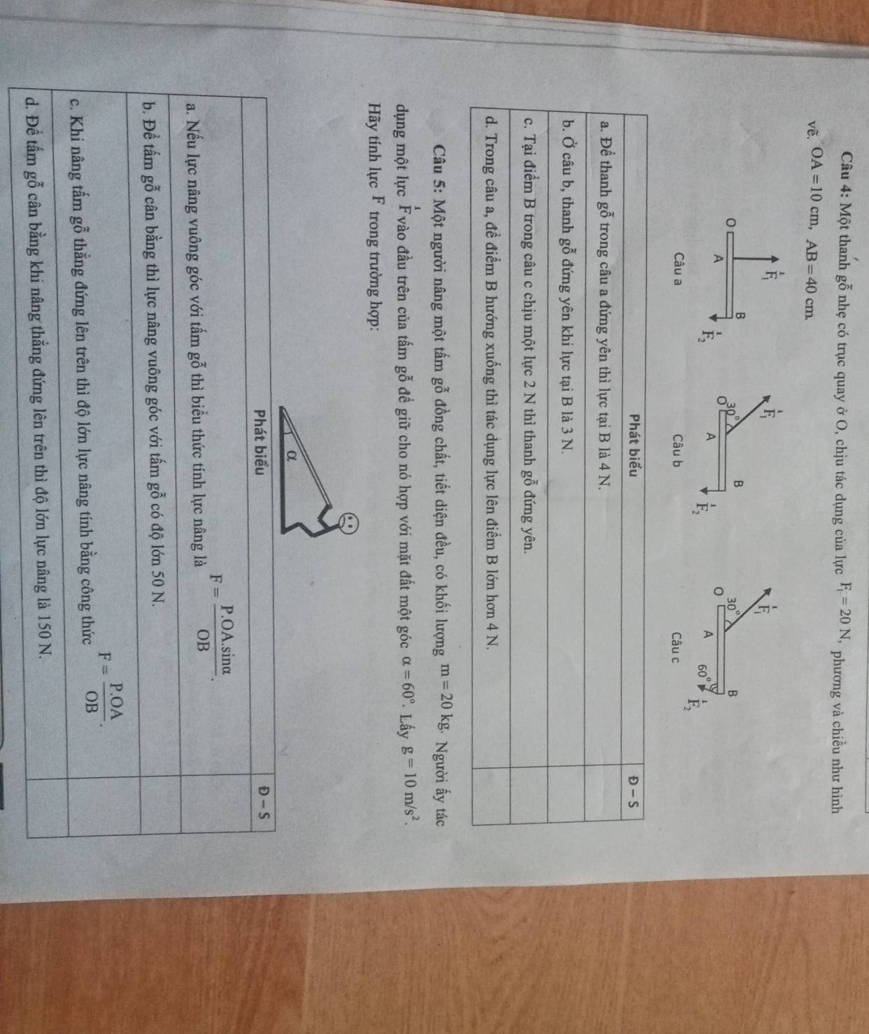 Một thanh gỗ nhẹ có trục quay ở O, chịu tác dụng của lực F_1=20N *  phương và chiều như hình
vẽ. OA=10cm,AB=40cm.
overline F_1
frac 1F_1
F_i
B
0
30° B
30° B
A frac 1F_2
0
A frac 1F_2
A 60° frac 1 F_2endarray
Câu a Câu b Câu c
Câu 5: Một người nâng một tấm gỗ đồng chất, tiết diện đều, có khối lượng m=20kg Người ấy tác
dụng một lực  1/F  vào đầu trên của tấm gỗ đề giữ cho nó hợp với mặt đất một góc alpha =60° * Lấy g=10m/s^2.
Hãy tính lực F trong trường hợp:
Phát biểu D-S
a. Nếu lực nâng vuông góc với tấm gỗ thì biểu thức tính lực nâng là F= (P.OA.sin alpha )/OB .
b. Để tấm gỗ cân bằng thì lực nâng vuông góc với tấm gỗ có độ lớn 50 N.
c. Khi nâng tấm gỗ thẳng đứng lên trên thì độ lớn lực nâng tính bằng công thức F= (P.OA)/OB .
d. Đề tấm gỗ cân bằng khi nâng thẳng đứng lên trên thì độ lớn lực nâng là 150 N.