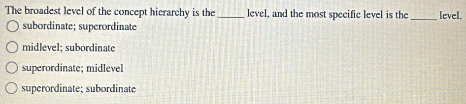 The broadest level of the concept hierarchy is the _level, and the most specific level is the _level.
subordinate; superordinate
midlevel; subordinate
superordinate; midlevel
superordinate; subordinate