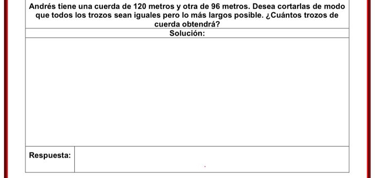 Andrés tiene una cuerda de 120 metros y otra de 96 metros. Desea cortarlas de modo