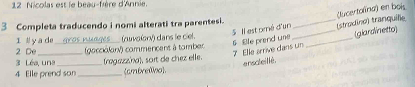 Nicolas est le beau-frère d'Annie.
(lucertolina) en bois.
3 Completa traducendo i nomi alterati tra parentesi.
5 Il est orné d'un_ _(stradino) tranquille
1 ll y a de gros nuages (nuvoloni) dans le ciel.
7 Elle arrive dans un (giardinetto)
2 De _(goccioloni) commencent à tomber. 6 Elle prend une
3 Léa, une_ (ragazzina), sort de chez elle.
ensoleillé.
4 Elle prend son _(ombrellino).