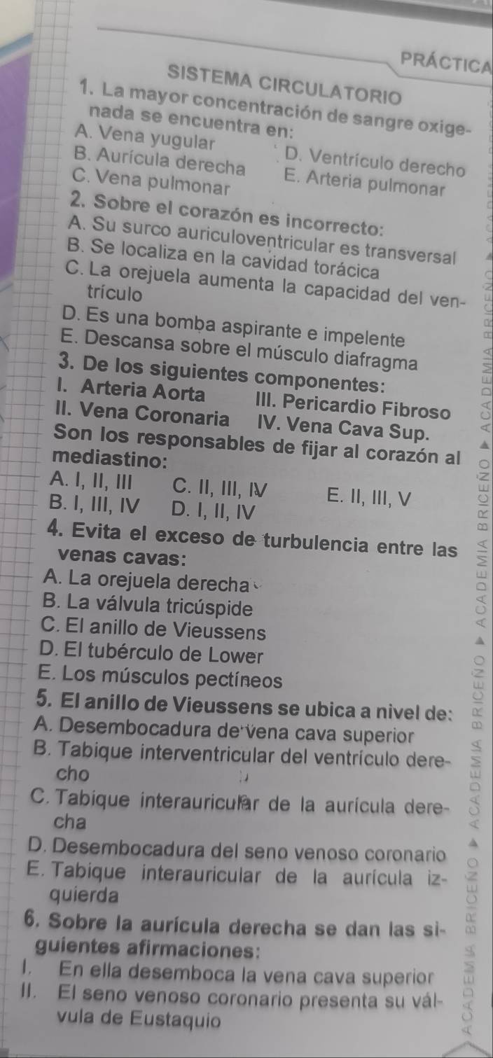 Práctica
SISTEMA CIRCULATORIO
1. La mayor concentración de sangre oxige-
nada se encuentra en:
A. Vena yugular D. Ventrículo derecho
B. Aurícula derecha E. Arteria pulmonar
C. Vena pulmonar
2. Sobre el corazón es incorrecto:
A. Su surco auriculoventricular es transversal
B. Se localiza en la cavidad torácica
C. La orejuela aumenta la capacidad del ven-
trículo
D. Es una bomba aspirante e impelente
E. Descansa sobre el músculo diafragma
3. De los siguientes componentes:
I. Arteria Aorta III. Pericardio Fibroso
II. Vena Coronaria IV. Vena Cava Sup.
Son los responsables de fijar al corazón al
mediastino:
A. I, ⅡI, III C. II, III, Ⅳ E. II, III, V
B. I, III, IV D. I, II, IV
4. Evita el exceso de turbulencia entre las
venas cavas:
A. La orejuela derecha
B. La válvula tricúspide
C. El anillo de Vieussens
D. El tubérculo de Lower
E. Los músculos pectíneos
5. El anillo de Vieussens se ubica a nivel de:
A. Desembocadura de vena cava superior
B. Tabique interventricular del ventrículo dere-
cho
C. Tabique interauricular de la aurícula dere-
cha
D. Desembocadura del seno venoso coronario
E. Tabique interauricular de la aurícula iz-
quierda
6. Sobre la aurícula derecha se dan las si-
guientes afirmaciones:
I. En ella desemboca la vena cava superior ω
II. El seno venoso coronario presenta su vál-
vula de Eustaquio