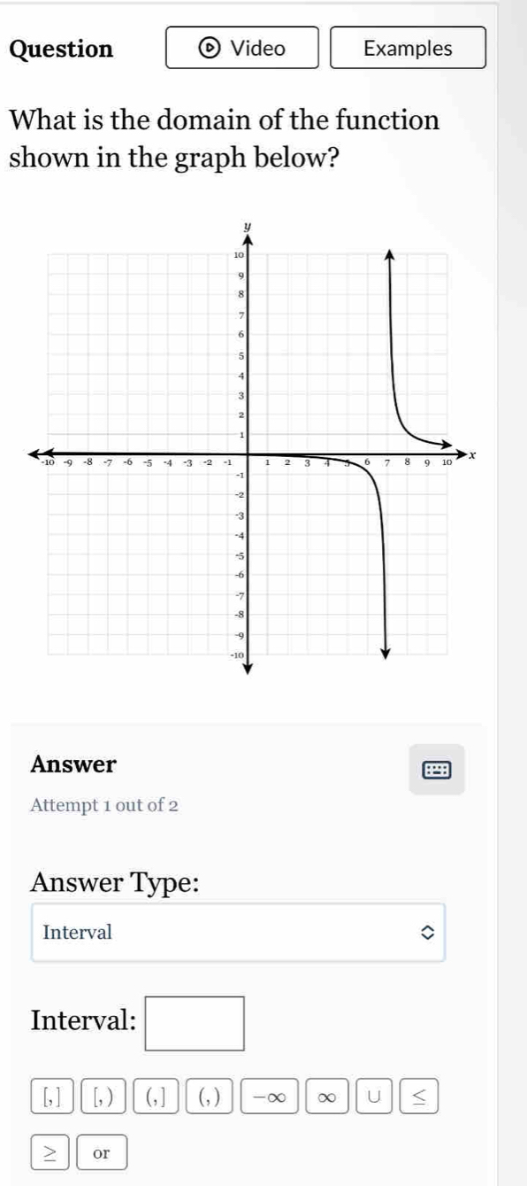 Question Video Examples 
What is the domain of the function 
shown in the graph below? 
Answer 
Attempt 1 out of 2 
Answer Type: 
Interval 
Interval: 
[, ] [, ) (, ] (, ) -∞ U 
> or