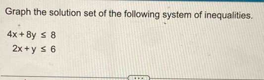 Graph the solution set of the following system of inequalities.
4x+8y≤ 8
2x+y≤ 6