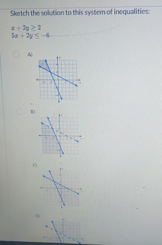 Sketch the solution to this system of inequalities:
x+2y≥ 2
5x+2y≤ -6
A)
B)
C)
D)