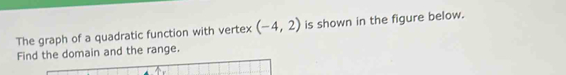 The graph of a quadratic function with vertex (-4,2) is shown in the figure below. 
Find the domain and the range.