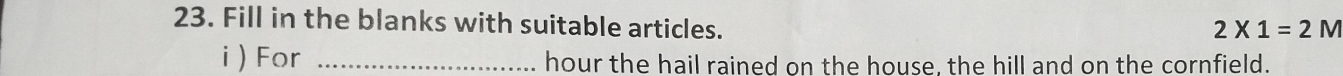 Fill in the blanks with suitable articles.
2* 1=2M
i ) For _hour the hail rained on the house, the hill and on the cornfield.