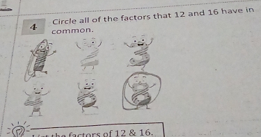 Circle all of the factors that 12 and 16 have in
4 common. 
the factors of 12 & 16.