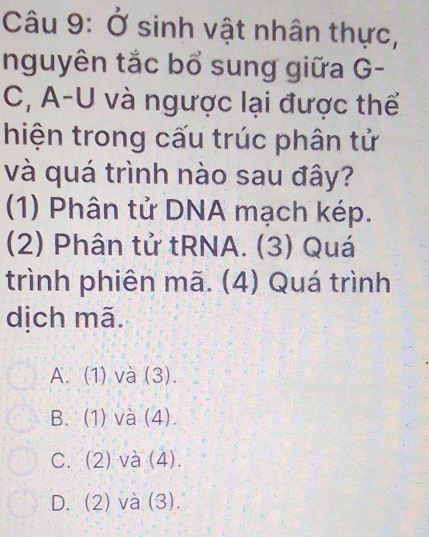 Ở sinh vật nhân thực,
nguyên tắc bổ sung giữa G-
C, A-U và ngược lại được thể
hiện trong cấu trúc phân tử
và quá trình nào sau đây?
(1) Phân tử DNA mạch kép.
(2) Phân tử tRNA. (3) Quá
trình phiên mã. (4) Quá trình
dịch mã.
A. (1) và (3).
B. (1) và (4).
C. (2) và (4).
D. (2) và (3).