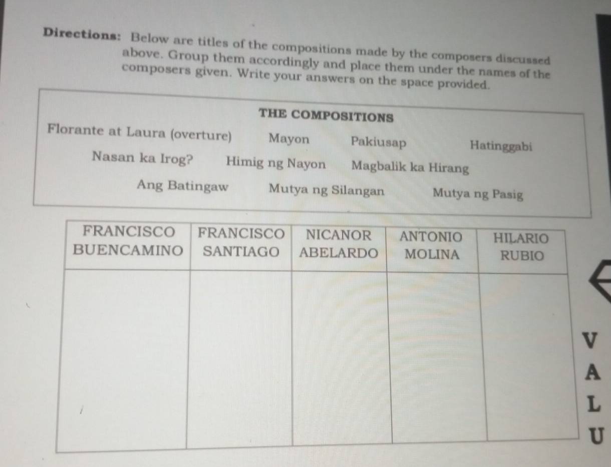 Directions: Below are titles of the compositions made by the composers discussed 
above. Group them accordingly and place them under the names of the 
composers given. Write your answers on the space provided. 
THE COMPOSITIONS 
Florante at Laura (overture) Mayon Pakiusap Hatinggabi 
Nasan ka Irog? Himig ng Nayon Magbalik ka Hirang 
Ang Batingaw Mutya ng Silangan Mutya ng Pasig