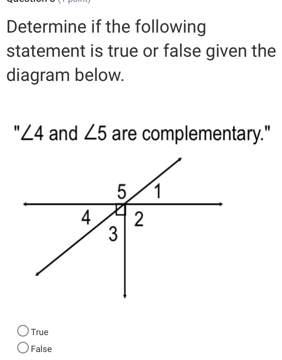 Determine if the following
statement is true or false given the
diagram below.
''∠ 4 and ∠ 5 are complementary."
True
False