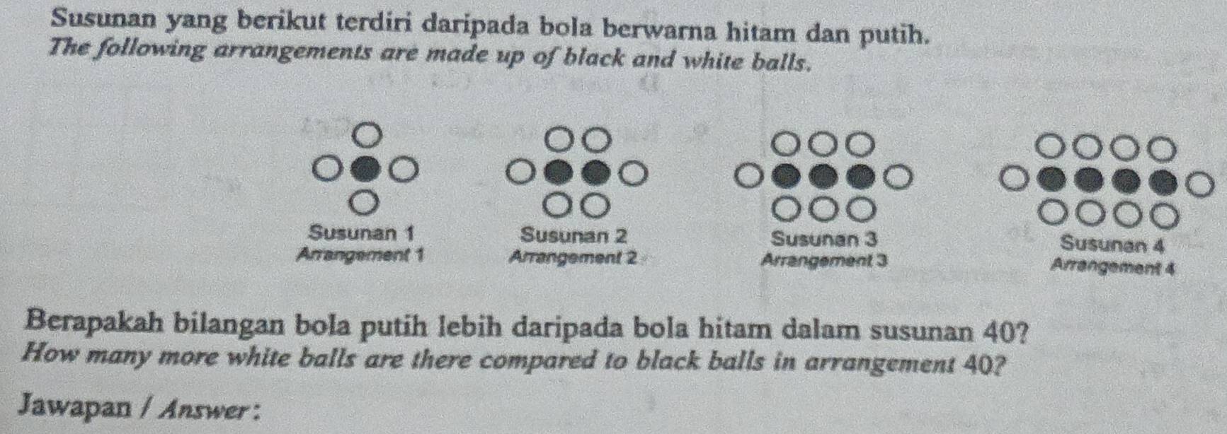 Susunan yang berikut terdiri daripada bola berwarna hitam dan putih. 
The following arrangements are made up of black and white balls. 
Susunan 1 Susunan 2 Susunan 3 Susunan 4
Arrangement 1 Arrangement 2 Arrangement 3 Arrangement 4
Berapakah bilangan bola putih lebih daripada bola hitam dalam susunan 40? 
How many more white balls are there compared to black balls in arrangement 40? 
Jawapan / Answer :