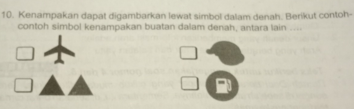 Kenampakan dapat digambarkan lewat simbol dalam denah. Berikut contoh- 
contoh simbol kenampakan buatan dalam denah, antara lain ....