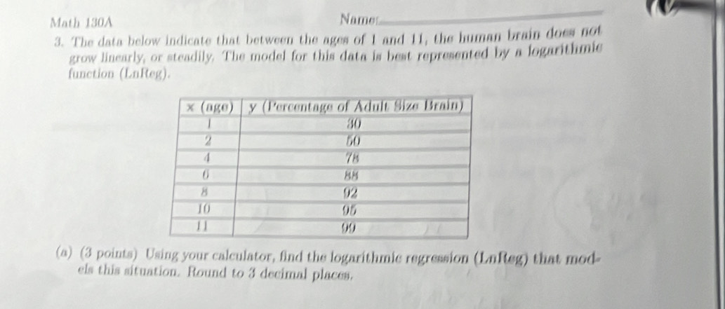 Math 130A Names 
_ 
3. The data below indicate that between the ages of 1 and 11, the human brain does not 
grow linearly, or steadily. The model for this data is best represented by a logarithmic 
function (LnReg). 
(a) (3 points) Using your calculator, find the logarithmic regression (LnReg) that mod- 
els this situation. Round to 3 decimal places.