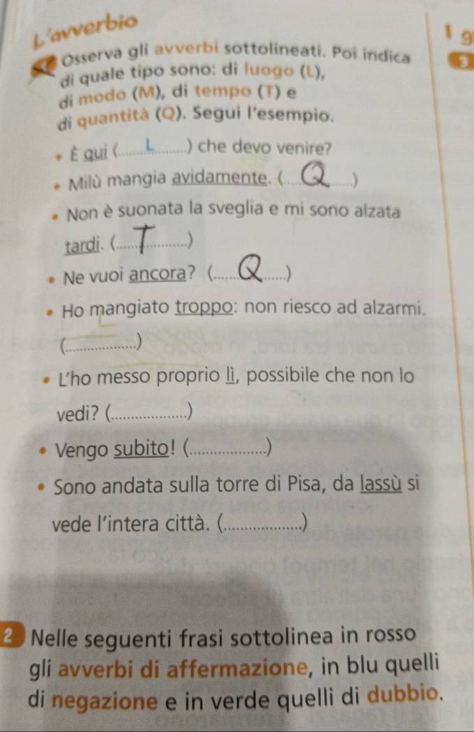 L'avverbio 
1 g 
Osserva gli avverbi sottolineati. Poi indīca 3 
di quale tipo sono: di luogo (L), 
di modo (M), di tempo (T) e 
di quantità (Q). Segui l'esempio. 
È qui (_ L ) che devo venire? 
Milù mangia avidamente. (_ ) 
Non è suonata la sveglia e mi sono alzata 
tardi. (._ ) 
Ne vuoi ancora? (_ ) 
Ho mangiato troppo: non riesco ad alzarmi. 
_ ) 
L’ho messo proprio lì, possibile che non lo 
vedi? (._ ) 
Vengo subito! (_ ) 
Sono andata sulla torre di Pisa, da lassù si 
vede l'intera città. (_ ) 
2 Nelle seguenti frasi sottolinea in rosso 
gli avverbi di affermazione, in blu quelli 
di negazione e in verde quelli di dubbio.