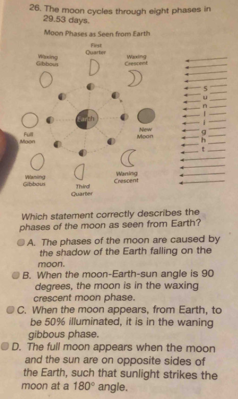 The moon cycles through eight phases in
29.53 days.
Moon Phases as Seen from Earth
_
_
_
_
_
_
_5
_
_u
_n_
_
_
_
_
g_
_
h_
_t_
_
_
_
_
Which statement correctly describes the
phases of the moon as seen from Earth?
A. The phases of the moon are caused by
the shadow of the Earth falling on the
moon.
B. When the moon-Earth-sun angle is 90
degrees, the moon is in the waxing
crescent moon phase.
C. When the moon appears, from Earth, to
be 50% illuminated, it is in the waning
gibbous phase.
D. The full moon appears when the moon
and the sun are on opposite sides of
the Earth, such that sunlight strikes the
moon at a 180° angle.