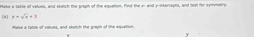 Make a table of values, and sketch the graph of the equation. Find the x - and y-intercepts, and test for symmetry. 
(a) y=sqrt(x)+3
Make a table of values, and sketch the graph of the equation.