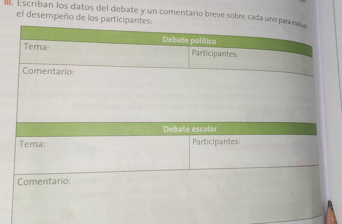 Escriban los datos del debate y un comentario breve sobre cada 
el desempeño de los