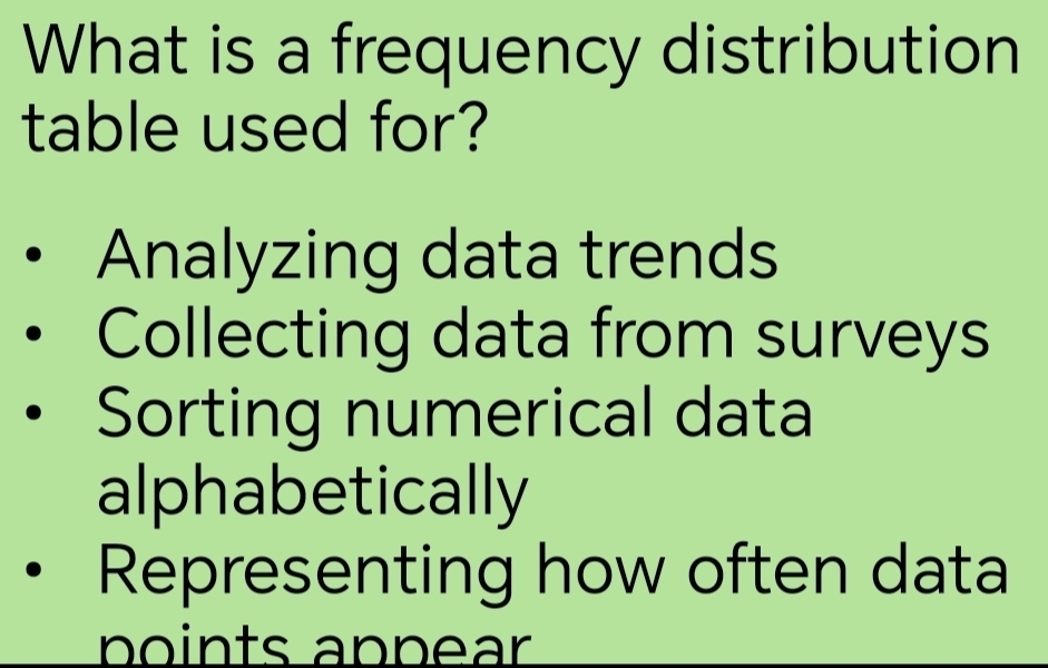 What is a frequency distribution
table used for?
Analyzing data trends
Collecting data from surveys
Sorting numerical data
alphabetically
Representing how often data
points appear