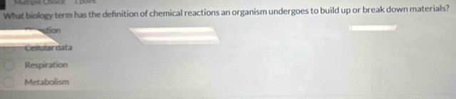 Mulnple Chalice 1 bolint
What biology term has the defnition of chemical reactions an organism undergoes to build up or break down materials?
stion
Celluíar data
Respiration
Metabolism