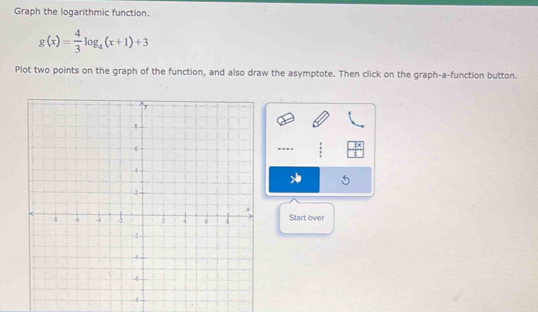 Graph the logarithmic function.
g(x)= 4/3 log _4(x+1)+3
Plot two points on the graph of the function, and also draw the asymptote. Then click on the graph-a-function button. 
--- 
Start over