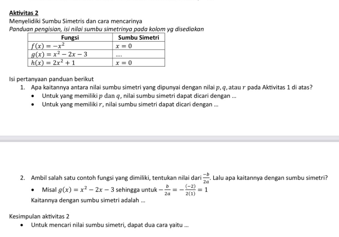 Aktivitas 2
Menyelidiki Sumbu Simetris dan cara mencarinya
Panduan pengisian, isi nilai sumbu simetrinya pada kolom yg disediakan
Isi pertanyaan panduan berikut
1. Apa kaitannya antara nilai sumbu simetri yang dipunyai dengan nilai p, q, atau r pada Aktivitas 1 di atas?
Untuk yang memiliki p dan q, nilai sumbu simetri dapat dicari dengan ...
Untuk yang memiliki r, nilai sumbu simetri dapat dicari dengan ...
2. Ambil salah satu contoh fungsi yang dimiliki, tentukan nilai dari  (-b)/2a . Lalu apa kaitannya dengan sumbu simetri?
Misal g(x)=x^2-2x-3 sehingga untuk - b/2a =- ((-2))/2(1) =1
Kaitannya dengan sumbu simetri adalah ...
Kesimpulan aktivitas 2
Untuk mencari nilai sumbu simetri, dapat dua cara yaitu ...