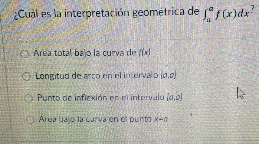 ¿Cuál es la interpretación geométrica de ∈t _a^af(x)dx
Área total bajo la curva de f(x)
Longitud de arco en el intervalo [a,a]
Punto de inflexión en el intervalo [a,a]
Área bajo la curva en el punto x=a