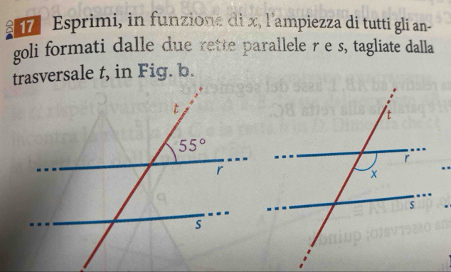 Esprimi, in funzione di x, l’ampiezza di tutti gli an-
goli formati dalle due rette parallele r e s, tagliate dalla
trasversale t, in Fig. b.