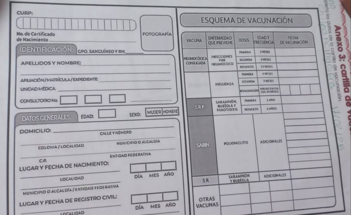 CURP: 
ESQUEMA DE VACUNACIÓN 
_ 
No. de Certificado FotograFíA 
de Nacimiento_ 
IDENTIFICACIóN: GPO. SANGUÍNEO Y RH:_ 
APELLIDOS Y NOMBRE:_ 
AFILIACIÓN/MATRÍCULA/EXPEDIENTE:_ 
UNIDAD MÉDICA _ 
CONSULTORIO No _ 
DATOS GENERALES EDAD: SEXO: MUJER HOMBRE 
DOMICILIO; 
_ 
_ 
CALLE Y NÚMERO 
_ 
COLONIA / LOCALIDAD MUNICIPIO O ALCALDÍA 
_ 
_ 
_ 
_ 
ENTIDAD FEDERATIVA 
C.P. 
_ 
LUGAR Y FECHA DE NACIMIENTO: 
DíA 
LOCALIDAD MES AñO 
_MUNICIpIO O ALCALDÍA / ENtIDAD FEDERATIVa 
LUGAR Y FECHA DE REGISTRO CIVIL: 
_ 
_DÍA MES AñO VACUN