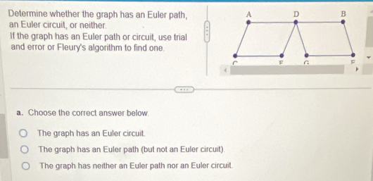 Determine whether the graph has an Euler path,
an Euler circuit, or neither.
+
If the graph has an Euler path or circuit, use trial
and error or Fleury's algorithm to find one.
a. Choose the correct answer below
The graph has an Euler circuit
The graph has an Euler path (but not an Euler circuit).
The graph has neither an Euler path nor an Euler circuit.