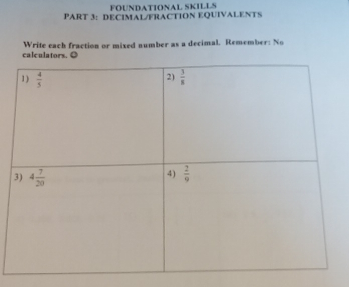 FOUNDATIONAL SKILLS
PART 3: DECIMAL/FRACTION EQUIVALENTS
Write each fraction or mixed number as a decimal. Remember: No