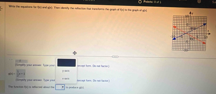 Write the equations for f(x) and g(x). Then identify the reflection that transforms the graph of f(x) to the graph of g(x).
2
(Simplify your answer. Type your :ercept form. Do not factor.)
g(x)= 1/2 x+1
y-axis
(Simplity your answer. Type your x-axis tercept form. Do not factor.)
The function f(x) is reflected about the v to produce g(x)