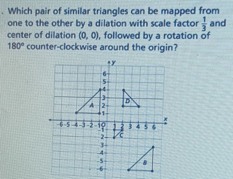 Which pair of similar triangles can be mapped from 
one to the other by a dilation with scale factor  1/3  and 
center of dilation (0,0) , followed by a rotation of
180° counter-clockwise around the origin?