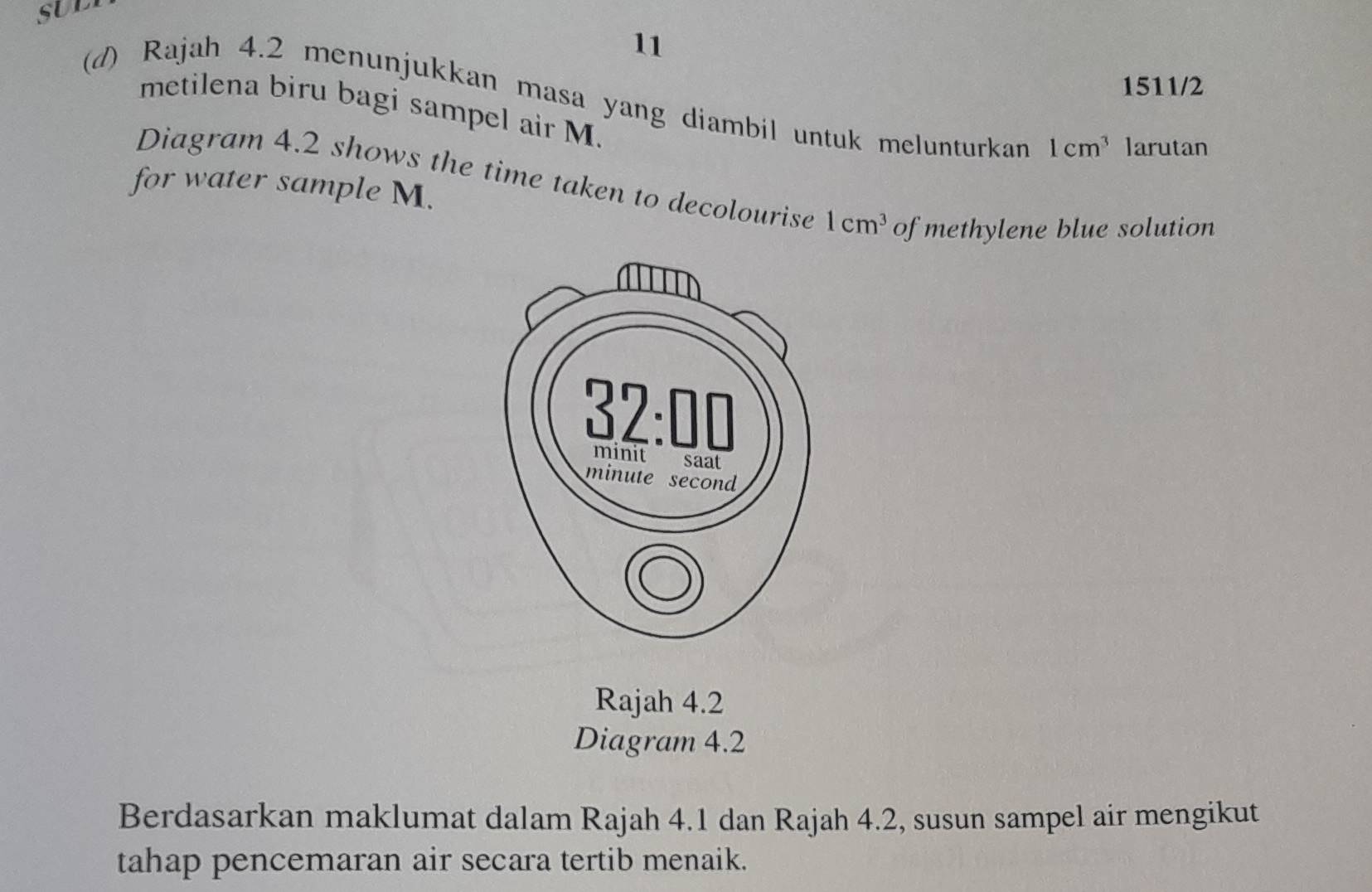 11 
1511/2 
(d) Rajah 4.2 menunjukkan masa yang diambil untuk melunturkan 1cm^3 larutan 
metilena biru bagi sampel air M. 
for water sample M. 
Diagram 4.2 shows the time taken to decolourise 1cm^3 of methylene blue solution 
Rajah 4.2 
Diagram 4.2 
Berdasarkan maklumat dalam Rajah 4.1 dan Rajah 4.2, susun sampel air mengikut 
tahap pencemaran air secara tertib menaik.