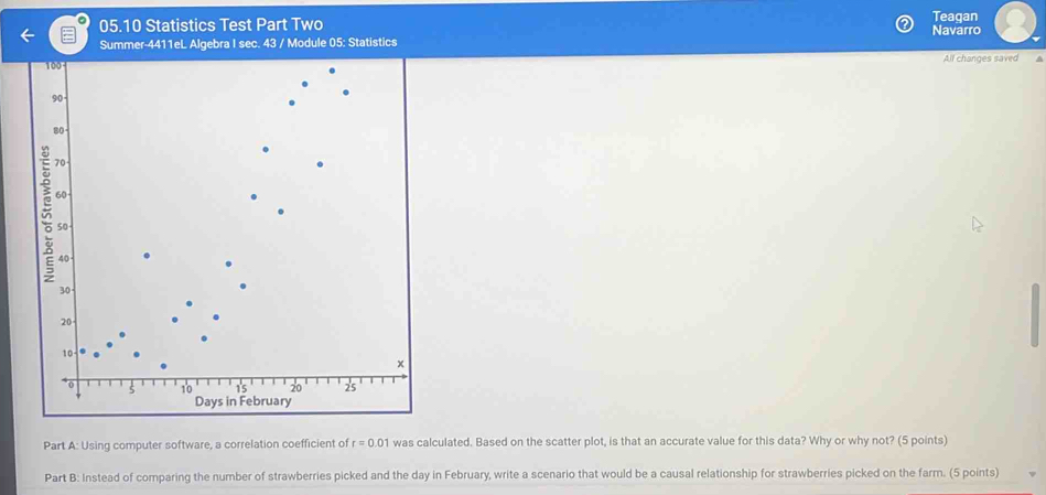 Teagan 
05.10 Statistics Test Part Two Navarro 
Summer-4411eL Algebra I sec. 43 / Module 05: Statistics 
All changes saved 
Part A: Using computer software, a correlation coefficient of r=0.01 was calculated. Based on the scatter plot, is that an accurate value for this data? Why or why not? (5 points) 
Part B: Instead of comparing the number of strawberries picked and the day in February, write a scenario that would be a causal relationship for strawberries picked on the farm. (5 points)