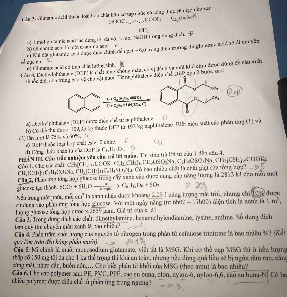 Glutamic acid thuộc loại hợp chất hữu cơ tạp chức có công thức cấu tạo như sau:
HOOC COOH
NH_2
a) 1 mol glutamic acid tác dụng tối đa với 2 mol NaOH trong dung dịch.
b) Glutamic acid là một α-amino acid.
c) Khi đặt glutamic acid được điều chỉnh đến pH=6,0 trong điện trường thì glutamic acid sẽ di chuyền
về cực âm.
d) Glutamic acid có tính chất lưỡng tính.
Câu 4. Diethylphthalate (DEP) là chất lỏng không màu, có vị đắng và mùi khó chịu được dùng đề sản xuất
thuốc diệt côn trùng bảo vệ cho vật nuôi. Từ naphthalenechế DEP qua 2 bước sau:
a) Diethylphthalate (DEP) được điều chế từ naphthalene.
b) Có thể thu được 109,35 kg thuốc DEP từ 192 kg naphthalene. Biết hiệu suất các phản ứng (1) và
(2) lần lượt là 75% và 60%.
c) DEP thuộc loại hợp chất ester 2 chức.
d) Công thức phân tử của DEP là C_12H_16O_4
PHÀN III. Câu trắc nghiệm yêu cầu trả lời ngắn. Thí sinh trả lời từ câu 1 đến câu 4.
Câu 1. Cho các chất: CH_3[CH_2]_14COOK,CH_3[ C □ _2 10 CH_2OSO_3Na,C_2H_5OSO_3Na,CH_3[CH_2]_16COOK_3
CH_3[CH_2]_11C_6H_4CO_3Na,CH_3[CH_2]_11C_6H_4SO_3Na 1. Có bao nhiêu chất là chất giặt rửa tổng hợp?
Câu 2. Phản ứng tổng hợp glucose trong cây xanh cần được cung cấp năng lượng là 2813 kJ cho mỗi mol
glucose tạo thành. 6CO_2+6H_2O  as/clorophin >C_6H_12O_6+6O_2
Nếu trong một phút, mỗi cm^2 lá xanh nhận được khoảng 2,09 J năng lượng mặt trời, nhưng chỉ 10% được
sử dụng vào phản ứng tồng hợp glucose. Với một ngày năng (từ 6h00 9 - 17 00) diện tích lá xanh là 1m^2,
lượng glucose tổng hợp được x,2659 gam. Giá trị của x là?
Câu 3. Trong dung dịch các chất: dimethylamine, hexamethylenđiamine, lysine, aniline. Số dung dịch
làm quỳ tím chuyền màu xanh là bao nhiêu?
Câu 4. Phần trăm khối lượng của nguyên tố nitrogen trong phân tử cellulose trinitrate là bao nhiêu %? (Kết
quả làm tròn đến hàng phần mười).
Câu 5. Mì chính là muối monosodium glutamate, viết tắt là MSG. Khi cơ thể nạp MSG thì ở liều lượng
thấp cỡ 150 mg tối đa cho 1 kg thể trọng thì khá an toàn, nhưng nếu dùng quá liều sẽ bị ngứa râm ran, căng
cứng mặt, nhức đầu, buồn nôn,... Cho biết phân tử khối của MSG (theo amu) là bao nhiêu?
Câu 6. Cho các polymer sau: PE, PVC, PPF, cao su buna, olon, nylon-6, nylon-6,6, cao su buna-N. Có ba
nhiêu polymer được điều chế từ phản ứng trùng ngưng?