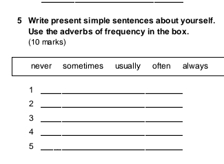 Write present simple sentences about yourself. 
Use the adverbs of frequency in the box. 
(10 marks) 
never sometimes usually often always 
_1 
_2 
_3 
_4 
_5