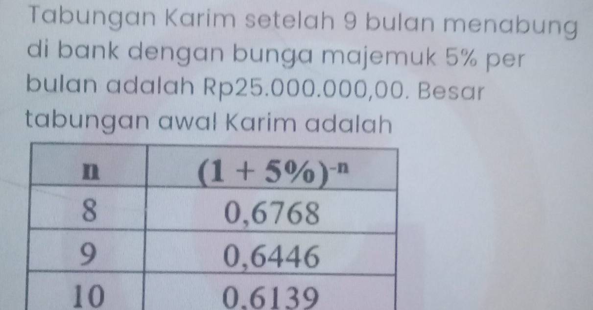 Tabungan Karim setelah 9 bulan menabung
di bank dengan bunga majemuk 5% per
bulan adalah Rp25.000.000,00. Besar
tabungan awal Karim adalah