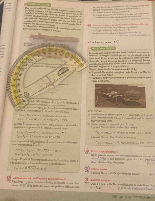 A ''ticon''' E：HOCGLEREA SVIDETC overline y he sn imenstá di 75,0 Ne punta in une diro
mumãa Sorza
zione de 50º al de sopes del semiane pontivo dela o
Tur operrí trainumo una chietta lango un canale, come
45 Disngna le lorue e la lom vinsbante R
62 mosmano in figora. Un opernio ríes con un foena vector F_1d # Uundo 8 metodo delía sonma verrveñale por compementí,
modulo 130 N nella direzione che fnema un ungolo de 14° 20K=40.54.27 of d tampe dal atow o 
drtrmina é moduda e la derriooe dela ronltante
ebpeme alla dirvzisme in cui sĩ muone la chima, Talten ope
raín, sulla riva opposta del canale, tira con una forza F_2 5
medulo 103 N mella direzione che forma un angolo di
rispetto alla diretions del mom overline CE
28  Caícola modulo e diresione della differenza di forze
Rölmendon allo forze del problemn procolmtn
Verifica che la forsa risultante I é orienata nella diro
rinme del muno e calcolone il modulo.
a) disegna lr lbere vector r_6-overline r_2overline r_3=overline r_2-overline r_3
6 determina il modolo a la deeziona della forza overline K_3
La forza peso
del mee
Jeão 29 prOSLENa SVOLTo
a l 51 40 30 La sonda automatica Phoenix Mars Lander è atterzata su
70 5
Marte il 25 maggio 2008 dopo un viaggio durato pià di
20 nove mesi. II suo scopo era di esplorare l'ambiente mar-
ziano alla riceeca di tracce di acqua e di eventuali forme
t microbiche di vita. Nell'estate 2008 la sonda ha rivelato la
E ani carnianl co
8 a presenza di ghiaccio d'acqua su Marte.
delir doe fornr e áíseo  Phoenix Mars Lander ha una massa di 350 kg.
       
a) Il peso della sonda è maggiore sulla Terra o su Marte,
8
dove g=3.69Nkg^3
3 b) Verifica la risposta calcolando il peso della sonda sulla
a Terra e su Marte.
t
.
a
2   ema la direzione del meno é lasse = 
el modido della risidunte overline R=overline F_1+overline F_2
*   ndo delta somus vemoriaie per componenti utilir rando (1
ée ya F , fórma un angolo di M con il seriae negativo delle x
utola le compomenet di f endo ccno dei segni
SOLUZIONE
F_1x=-F_2cos 34°=(-130N)cos 34°=-106N 2) La relazione tra massa e peso è P= mg. Poiché m é uguale
sulla Terra e su Marte e guem > EMen il peso della sonda é
F_b=-F_1sen 34°=(-130N)sen 34°=-73N maggiore sulla Terra
La forza l_2 forma un angolo de 45° con il semiaïse négitivo delle x. 6) Usa la relazione tra massa e peso. P=mg
Caloula le componenti d overline F_2 tenendo comno del segní: Il peso di Phoenix Mars Lander sulla Terra é:
F_2x=-F_2cos 45°=(-103N)cos 45°=-73N
P_2max=mg_2max=(350kg)(9.81N/kg)=3.43· 10^3N
F_2=F_2sen45°=(103N)sen45°=73N Il peso di Phoenix Mars Lander su Marte è:
Le componenti della risultante vector R 1000 la somma delle rispet- P_Mrw=mg_Marss=(350kg)(3.69* (kg)=1.29· 10^3N
tive componenti di vector F_1evector F_2
R_x=F_1x+F_2x=(-108-73)N=-181N 30 Rocce extrapianetarie
R_y=F_b+F_2b=(-73+73)N=0
Su un pianeta lontano un astronauta raccoglie una roccia
massa 5,00 kg; su quel particolare pianeta la roccia pesa 40,0
Dunque R, poiché ha componente R, nulla, è orientata lungo x
e ha la direzione e il verso del moto. Il suo modulo è: Qual è il valore di g sul pianeta? ]:00 N
R=sqrt((-181N)^2)+0=181N
31) Peso e mássa
Il peso di Maria è 638 N. Qual è la sua massa? [65.8
Calcola modulo e direzione della risultante 32 Bullone lunare
Una forza vector F_1 ha un'intensitá di 40,0 N e punta in una dire- Qual è il peso sulla Terra e sulla Luna di un bullone di m
zione dì 20° al di sotto del semiasse positivo delle x. Una m=32g? [0,31 N sulla Terrs; 0.052 N tlla 1
VETTORI, FORZE ED EQUILIBRIO