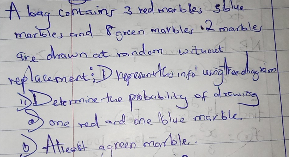 A bag contains 3 red marbles sblue 
marbles and 8 green marbles 2 marble 
are drawn at random without 
replacement; D represn te ofo wighe dyg r 
DDeterming the probability of drawing 
② one red and one blue marble 
Aleast agreen morble.