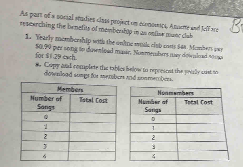 As part of a social studies class project on economics, Annette and Jeff are 
B 
researching the benefits of membership in an online music club 
1. Yearly membership with the online music club costs $48. Members pay
$0.99 per song to download music. Nonmembers may download songs 
for $1.29 each. 
a. Copy and complete the tables below to represent the yearly cost to 
download songs for members and nonmembers.