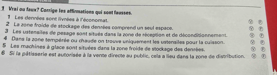 Vrai ou faux? Corrige les affirmations qui sont fausses. 
1 Les denrées sont livrées à l'économat. 
F 
2 La zone froide de stockage des denrées comprend un seul espace. 
F 
3 Les ustensiles de pesage sont situés dans la zone de réception et de déconditionnement. 
4 Dans la zone tempérée ou chaude on trouve uniquement les ustensiles pour la cuisson. F 
5 Les machines à glace sont situées dans la zone froide de stockage des denrées. 
F 
6 Si la pâtisserie est autorisée à la vente directe au public, cela a lieu dans la zone de distribution. F