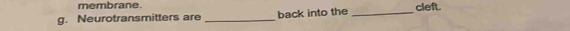 membrane. 
g. Neurotransmitters are _back into the_ 
cleft.