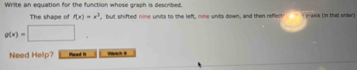 Write an equation for the function whose graph is described.
The shape of f(x)=x^3 , but shifted nine units to the left, nine units down, and then reflect y-axis (in that order)
g(x)=□
Need Help? Read it Watch II