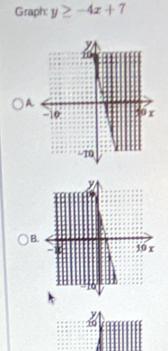 Graph: y≥ -4x+7
A. 
) B. 
y
10