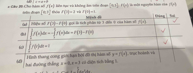 c=a+b
Câu 20. Cho hàm số f(x) liên tục và không âm trên đoạn [0;3].F(x) là một nguyên hàm của f(x)
t [0;3] thỏa F(3)=2 và F(0)=1.
I-∈tlimits _a^(b6x^5)dx