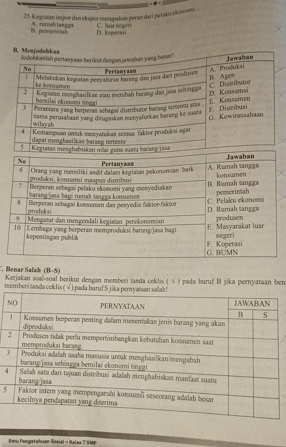 Kegiatan impor dan ekspor merupakan peran dari pelaku ekonomi...
A. rumah tangga C. luar negeri
B. pemerintah D. koperasi
. Benar Salah (B-S)
Kerjakan soal-soal berikut dengan memberi tanda ceklis ( √ ) pada huruf B jika pernyataan ben
memberi tanda ceklis ( √ ) pa
4
5
Ilmu Pengetahuan Sosial ·• Kelas 7'SMP