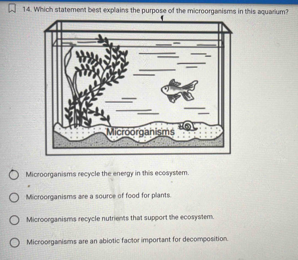 Which statement best explains the purpose of the microorganisms in this aquarium?
Microorganisms recycle the energy in this ecosystem.
Microorganisms are a source of food for plants.
Microorganisms recycle nutrients that support the ecosystem.
Microorganisms are an abiotic factor important for decomposition.